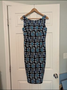 Calvin Klein Navy and Teal Polka Dot Midi Sheath Dress